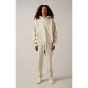 Hoodie Pria ESSENTIAL Kualitas Tertinggi 380 GSM Katun Fleece Warna Light Oatmeal Oversized Dengan Logo 3D Flocking - Product Image 5