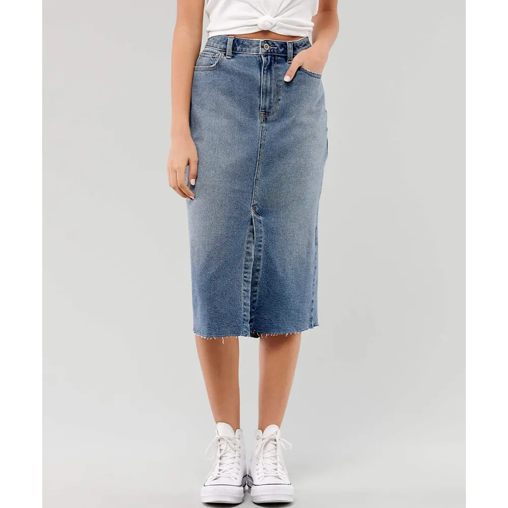 Großhandel benutzer definierte blaue gerade figur betonte Damen röcke hohe Taille Schlitz geteilt weiblichen Jeans rock langen Midi-Jeans rock