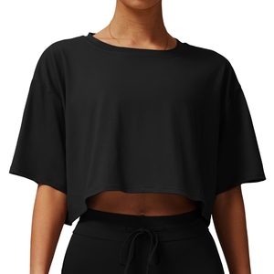 Femmes lâche séchage rapide petit O cou à manches courtes T-Shirt confortable respirant goutte épaule Gym Shorts pour les femmes - Product Image 4