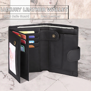 กระเป๋าสตางค์หนังแท้พับสามตอนสำหรับผู้ชาย พร้อมช่องใส่เหรียญ ป้องกัน RFID  ตกแต่งโลโก้ลายนูนหรูหรา ปิดด้วยกระดุมแป๊ก ซับในโพลีเอสเตอร์ - Product Image 2