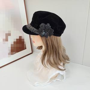 Chapeau de marin pour femme tendance, chapeau de newsboy, chapeau de chauffeur, chapeau de boulanger, béret à visière en velours, chapeau de fiddler avec fleur en strass - Product Image 3