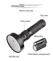 Lampe torche UV industrielle LED 395nm, détecteur de lumière noire, piles AAA, construction en alliage d'aluminium, indice de protection IP20, faisceau spot, pour animaux secs