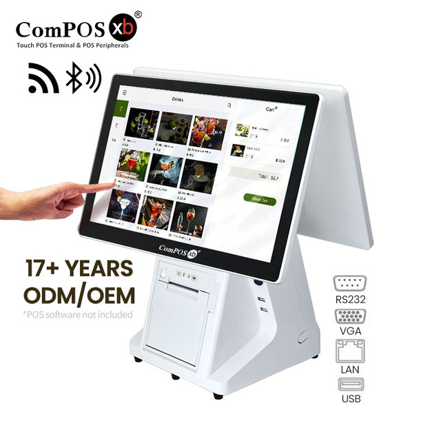 Windows Capacitive Touch Screens 15.6"+15.6" All-in-One POS System Restaurant Cash Register 80MM Printer Intel I3 Wi-Fi 6 3-Year