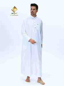 Al Haramain <b>Men's</b> White Long Sleeve <b>Thobe</b> Floor Length Cotton Prayer Robe Solid Modest Middle East Style Regular Fit - Product Image 3