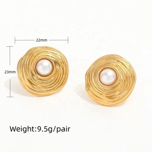 Joyería Personalizada de Alta Gama, Pendientes de Acero Inoxidable con Perlas de Imitación Chapadas en Oro de 18K, Estilo Vintage, Redondos y Grandes, con Textura, Joyería de Moda - Product Image 6