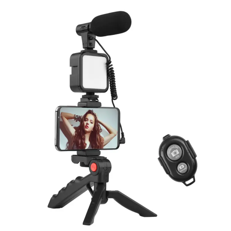 حار بيع المحمول vlog ترايبود المعدات مصباح مصمم على شكل حلقة تدفق ميكروفون vlogging كيت للهواتف الذكية