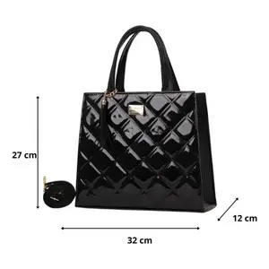 Bolso de Compras Grande de Cuero Charol Negro para Mujer Fana Kalea, Acolchado con Diamantes, Asas Dobles, Cierre de Broche - Product Image 3