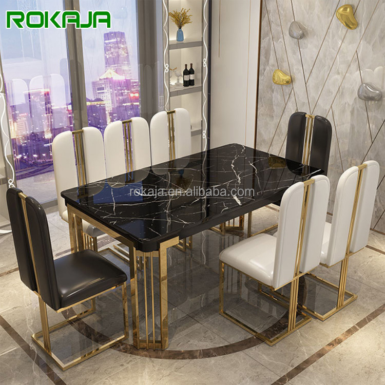 Современный роскошный обеденные столы черной мраморной столешницей Золото Нержавеющая сталь ноги обеденный стол комплект на возраст 6, 8 местный стулья