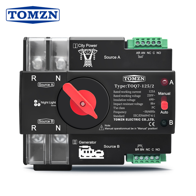 TOMZN Din Rail ATS 220V 230V Dual Power Automatic Transfer Electrical Selector Switch Uninterrupted 2P 63A 100A 125A