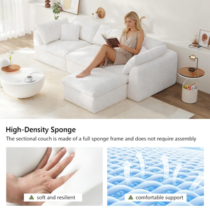 Sofá Seccional Moderno de Lujo en Color Blanco Hueso, Tela Sherpa, Tres Plazas, Empacado Comprimido, Tamaño Estándar, Sofá Cuadrado Tipo Nube con Otomana - Product Image 6