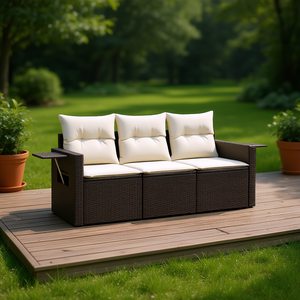 Ensemble de canapé de jardin en rotin PE résistant aux UV, trois places, couleur crème brun, coussins imperméables, design contemporain - Product Image 2