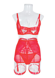 طقم ملابس داخلية نسائية شبكية بالجملة، طقم لانجري مثير بحمالات صدر وسراويل داخلية سوداء، طقم من 3 قطع - Product Image 6