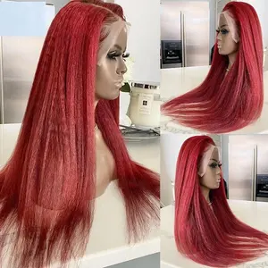Perruque Lace Front Wig 100% naturelle, Yaki Hair, cheveux humains crépus lisses, couleur rouge # 99J, 13x4, pre-plucked, pour femmes