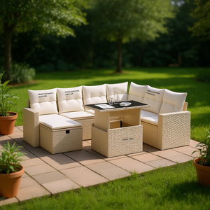 Conjunto de Sofá de Jardín de Ratán Beige con Mesa, 6 Plazas, Muebles de Exterior de Diseño Contemporáneo - Product Image 2