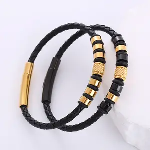 SL23013 Braided Cowhide Genuine Leather Wristband Bracelet Men Stainless Steel Ornaments Magnetic Button Bangle Fashion Jewelry
