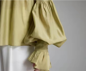 <span class=keywords><strong>AMENO</strong></span> Chemisier d'été décontracté pour femme en mousseline de soie tissée avec manches longues Couleur unie et volants Logo de mode simple sur le dos - Product Image 5