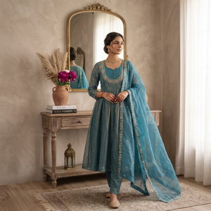 Conjunto de ropa étnica para mujer con top bordado de satén premium, pantalones palazzo y dupatta de encaje de organza. - Product Image 1