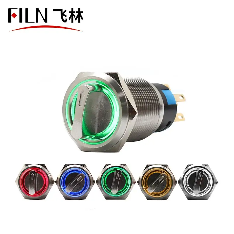 FILN 19mm rotary switch with light metal push button switch three position 6pins two position 3V 12V 24V LED light lock button