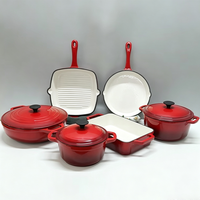Set Peralatan Masak Enamel Besi Cor Warna Cerah Bergaya, Wajan Penggorengan, Wajan Panggang, dan Panci Masak Enamel Serbaguna yang Aman
