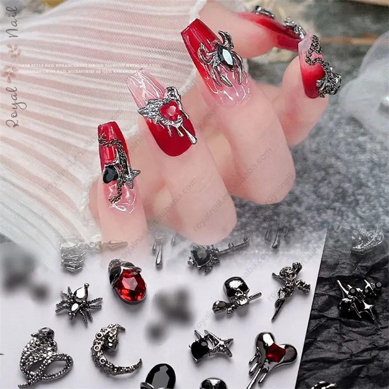 3d Retro Noir Foncé Rouge Punk Zircon Crâne Araignée Ancres Croix Coeur Nail Art Charms Accessoires pour Ongles