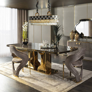 Ensemble de table à <span class=keywords><strong>manger</strong></span> de luxe pour 10 à 12 personnes - Fabrication artisanale - Design exclusif - <span class=keywords><strong>Meubles</strong></span> de <span class=keywords><strong>salle</strong></span> à <span class=keywords><strong>manger</strong></span> en métal doré avec plateau en marbre - Product Image 3