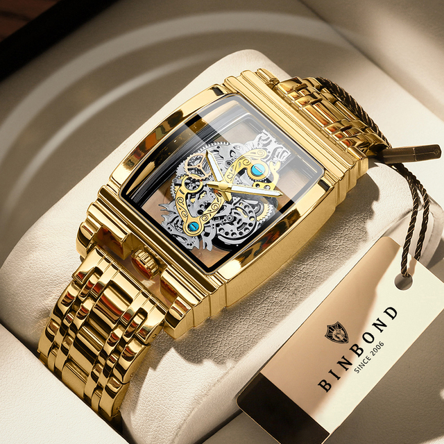 BINBOND Fashion Square Gear Strip Hollow Men's Watch Luminous Stainless Steel Vintage Watch 30M Waterproof Luxury Watch