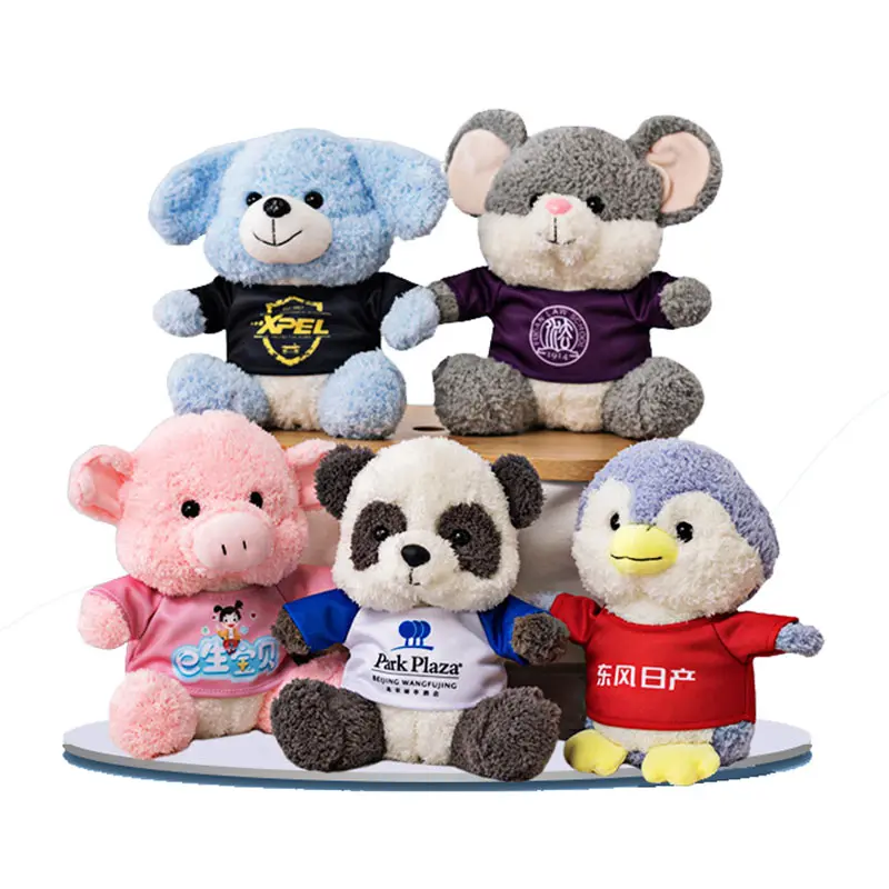Songshan Toys 도매 박제 동물 기념품 선물 맞춤형 로고 옷 t 셔츠 플러시 팬더 돼지 마우스 펭귄 개 테디 베어