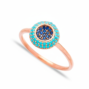 Sapphire and Turquoise <b>CZ</b> Stone Double Round Design Cluster <b>Ring</b> Wholesale Turkish Jewelry 925 Sterling Silver Jewelry - Product Image 2