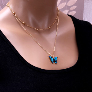 สร้อยคอจี้รูปผีเสื้อ ดีไซน์แบบมีชั้นๆ โซ่ทอง สำหรับผู้หญิง สวมใส่ได้ทุกวัน จี้รูปทรงเรขาคณิต จี้สีฟ้า - Product Image 3