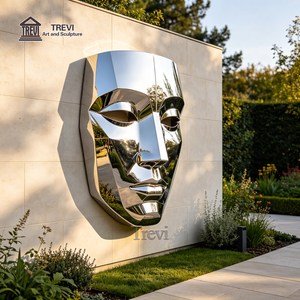 Sculpture murale en acier inoxydable 304 poli miroir TREVI en forme de masque |   Décoration moderne pour l'extérieur et l'intérieur, hôtel, hall et villa - Product Image 1
