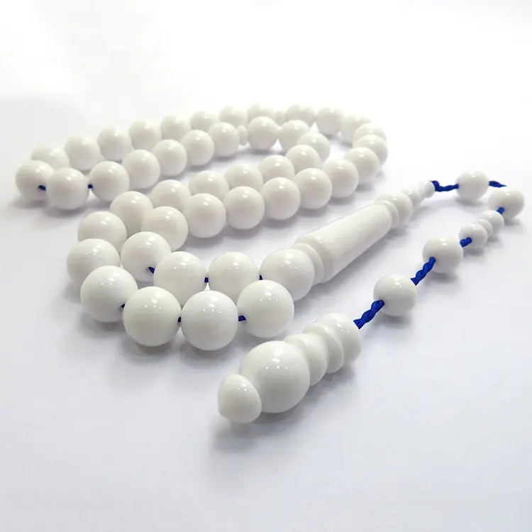 Pas cher 10mm rond blanc pur avec perles de résine de corde bleue Tesbih 45 perles perles de prière d'inquiétude Tasbeeh Masbaha Subha chapelet