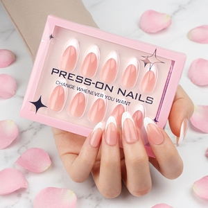 30 Piezas de <span class=keywords><strong>Uñas</strong></span> Postizas <span class=keywords><strong>Acrílicas</strong></span> <span class=keywords><strong>Cortas</strong></span> de Alta Gama Estilo Francés con Borde Blanco Rosado Forma Almendra para Presionar Personalizables GD30 - Product Image 1