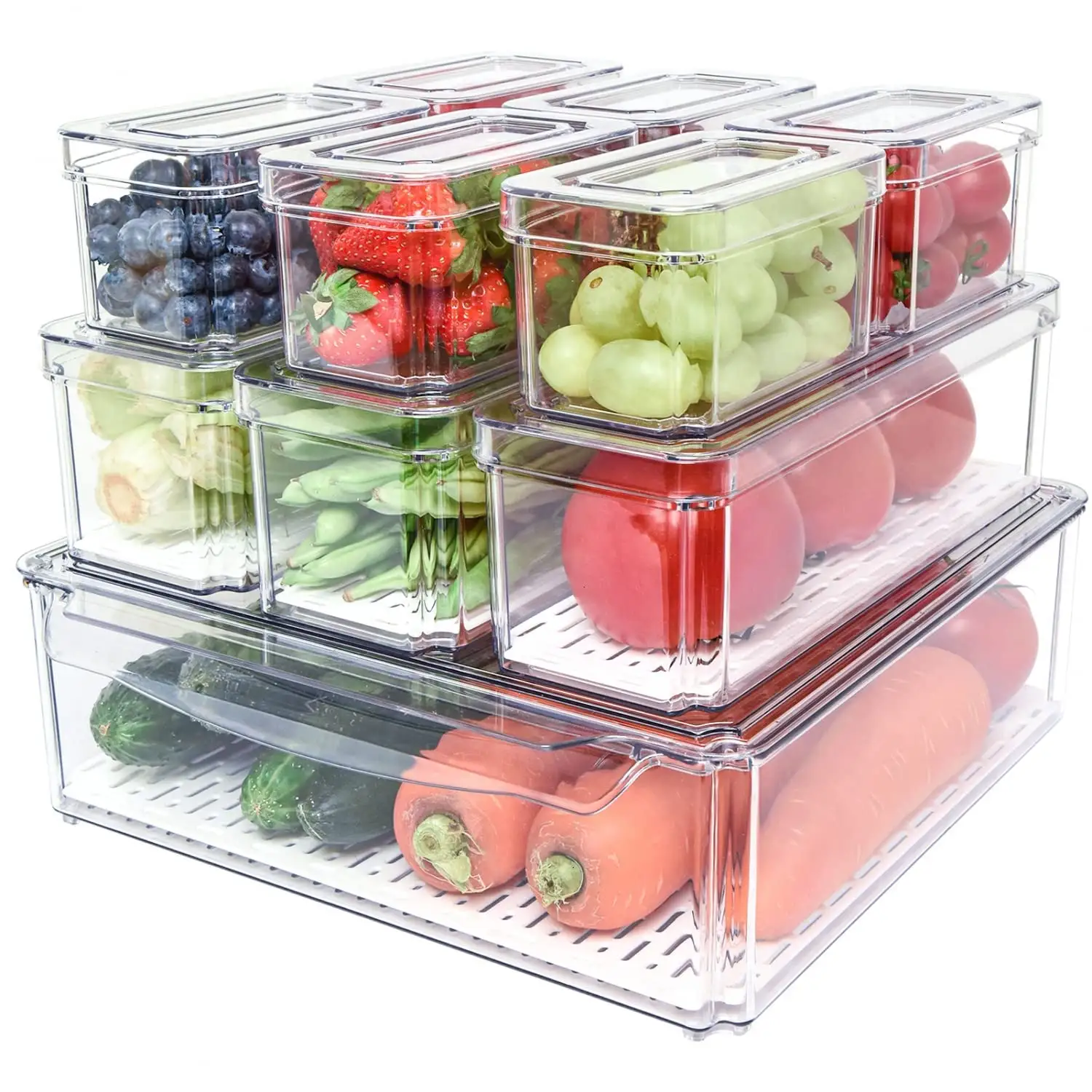 Kitchen plastic 10 pack refrigerator pantry organizer bin fruit storage containers for fridge