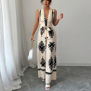 Combinaison d'été une pièce pour femmes Sexy col en V <span class=keywords><strong>Beige</strong></span> White Party Jumpsuit Elegant High Waist Trousers Sleeveless Top Playsuits - Product Image 6