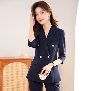 Women's Grey Suit <b>Set</b> Three Quarter Sleeve Notched Collar Anti-Wrinkle <b>Office</b> Lady Autumn Wear - Product Image 2