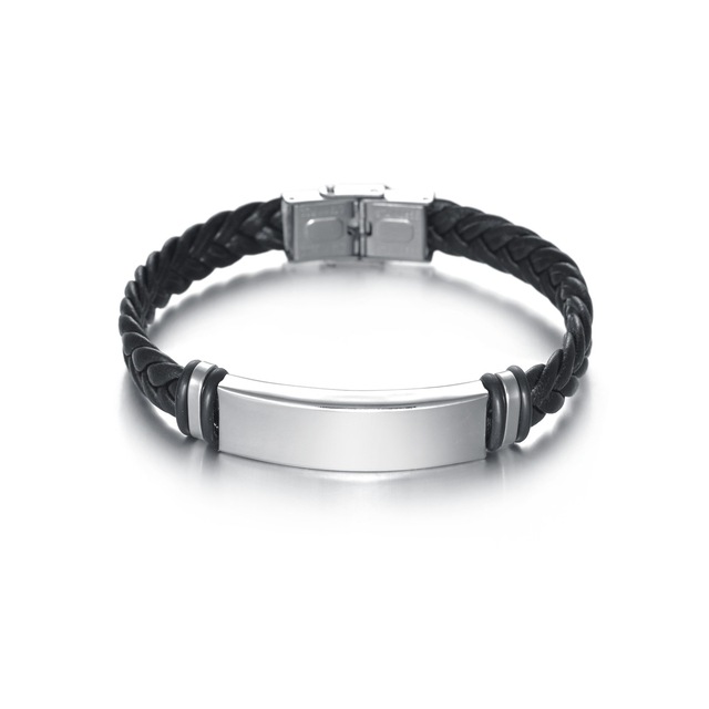 Wholesale Personal Engraved Stainless Steel Bracelet Jewelry Handmade Woven Leather Cuff Couple Bracelet for Men Stainless Steel
