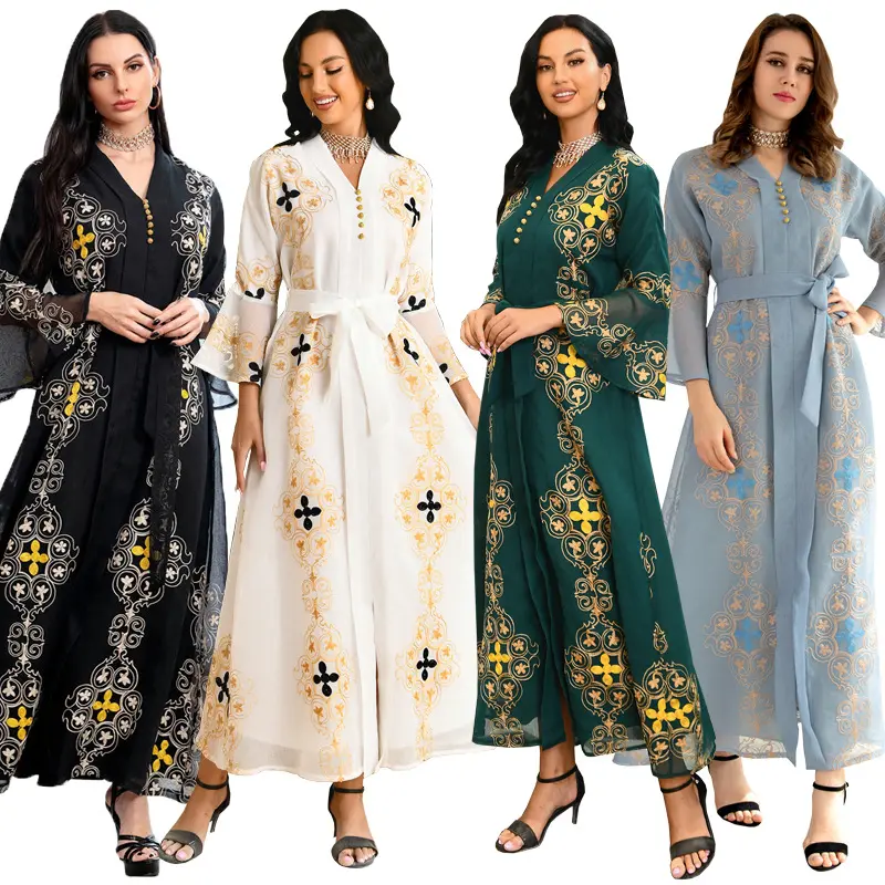 2022 New Manufacturer Design black Muslim Women Vintage Print Large Loose Clothing Long Sleeve Embroidery Leisure Abaya Dress