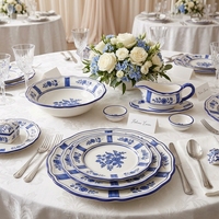 Assiettes en céramique imprimées de fleurs vintage modernes, vaisselle de luxe en porcelaine à bord festonné, ensembles de vaisselle pour restaurant, traiteur, mariage