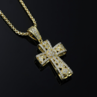 Pendentif Croix Creuse Givrée Plaqué Or 14K en Laiton Micro-Pavé de Zircons, Collier Unisexe Hip Hop, Bijou Charme, Vente en Gros