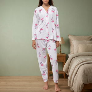 Women's Comfortable Elastic Waist 100% Cotton Jersey <b>Pyjamas</b> Soft Full-Length Classic Button Front Sleepwear <b>for</b> <b>Summer</b> - Product Image 2