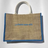 Sacs en jute bleus personnalisés en gros pour femmes – Sacs de courses modernes à poignées, robustes, grande taille, imprimés en sérigraphie avec lettres personnalisées