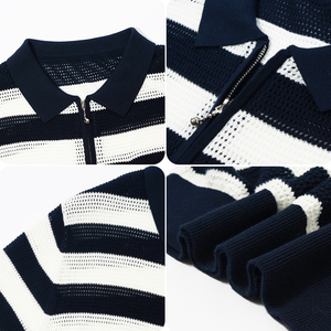 Fournisseur de tricots sur mesure, pull à manches courtes en coton 100% GOTS, polo en tricot rayé pour homme, été - Product Image 4
