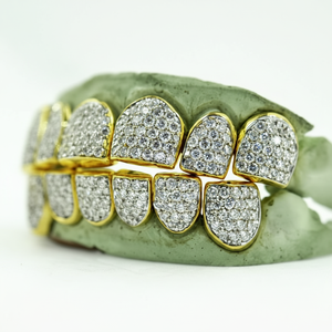 8 Grillz dentaires hauts et bas en or massif 14K et argent sterling 925, sertis de moissanite effet poussière de diamant, finition miroir/coupe glacée/coupe diamant, 25g, unisexe - Product Image 1