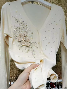 Fall Autumn 2025 Luxury <strong>Sparking</strong> Beaded Knitted <strong>Cardigan</strong> Women Heavy Industry Pearl 3D Flower Sweater Outwear Coat Top - Product Image 2
