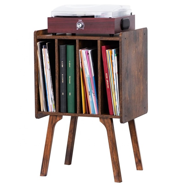 Vintage Style Wood Record Player Stand 4-Cabinet Brown Vinyl Holder Display Shelf for Living Room Easy Standing Installation