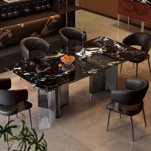 <span class=keywords><strong>Table</strong></span> à manger rectangulaire de luxe moderne avec plateau en pierre frittée noire et base noire - Product Image 5
