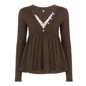 Retro Color Block Lace Trim V Neck Long Sleeve Knit Top Women's <b>Y2K</b> Casual T <b>Shirt</b> A Line Fashion Spring Autumn Wear - Product Image 6