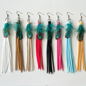 Ethnic Long Multicolor Leather Tassel Dangle Earrings Western Style Blue Feather Earrings Wholesale