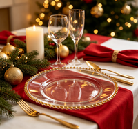 Assiette de Présentation en Plastique Transparent avec Bord Doré Perlé, Assiette de Luxe pour Décoration de Table Mariage, Banquet, Fête, Hôtel