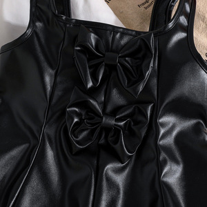 Spring Autumn Simple Fresh Style <strong>White</strong> Top + Black <strong>Leather</strong> Suspender <strong>Skirt</strong> Children's Girls Clothing Sets - Product Image 2